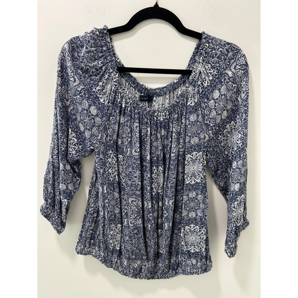 Tommy Hilfiger Blue White Medallion Floral Rayon Peasant Blouse 3/4 Sleeve XL